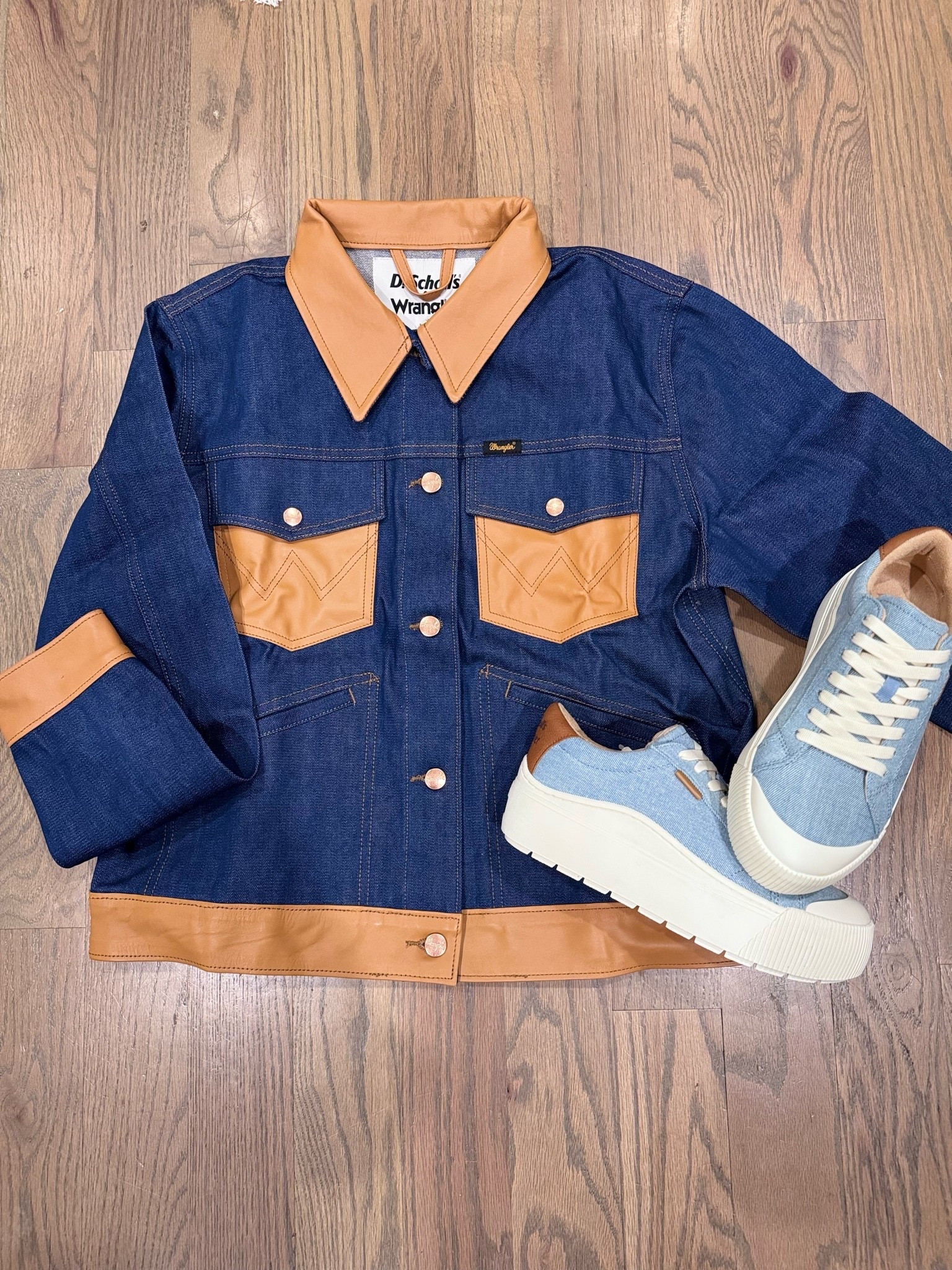 Wrangler and dr scholls collab on a denim and leather jacket and western denim sneakers

#LTKgrwm #LTKootd #LTKdayinmylife