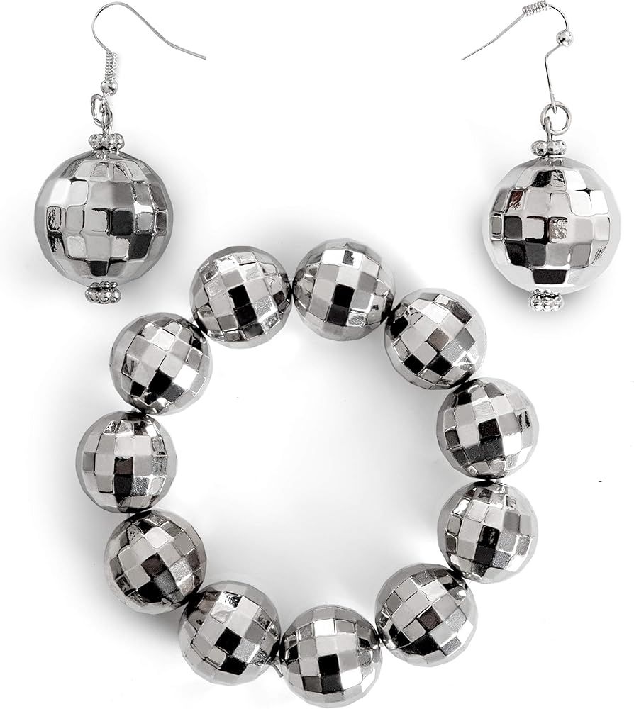 Skeleteen Disco Ball Jewelry Set - 1970s Silver Diva Mirror Balls Costume Bracelet and Earrings R... | Amazon (US)
