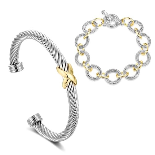 HANTNOOL 2PCS Twisted Cable Bracelet Chain, Fashion Two Tone Link Chain and Wire Cuff Bracelet Set Open Adjustable Bangle Designer Dupes Jewelry Gifts for Her (2pcs A) | Amazon (US)