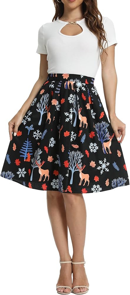 Tandisk Women's Vintage A-line Printed Pleated Flared Midi Skirt with Pockets | Amazon (US)