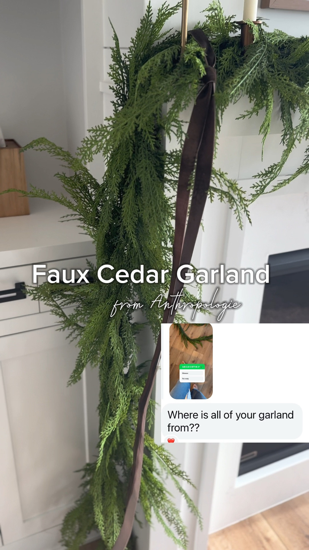 The faux cedar garland from Anthropologie are worth every penny! They look so realistic, the coloring is very natural and the weighty heft of the branch and the leaves helps them to stay put on my mantle without any hooks! I also drape them around our windows for a cozy look! . They come in 6 foot, the 9 foot, and 15 foot lengths, I have a few of all 3 lengths I use throughout our house. 

#LTKSeasonal #LTKHoliday #LTKHome