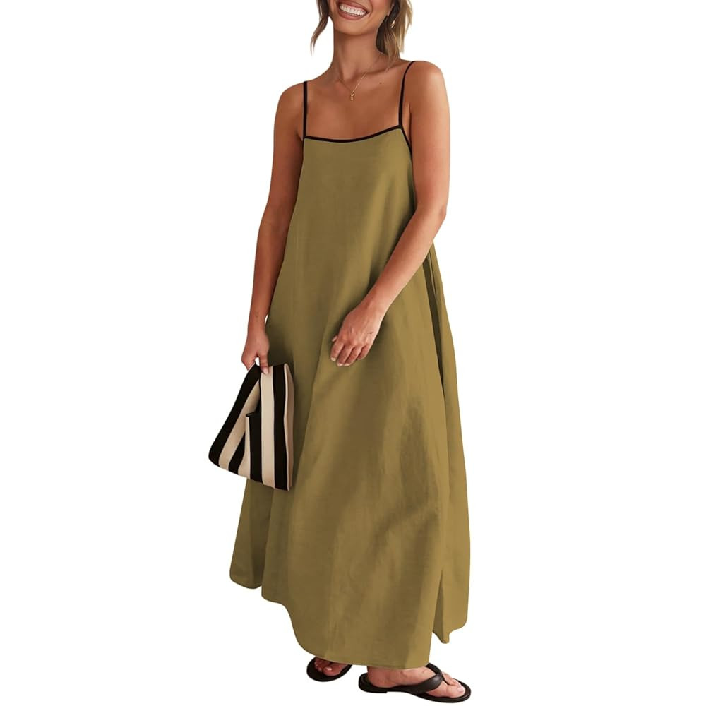 Senllen Women's Linen Dress Summer Loose Flowy Sundress Contrast Spaghetti Strap Sleeveless Backl... | Amazon (US)
