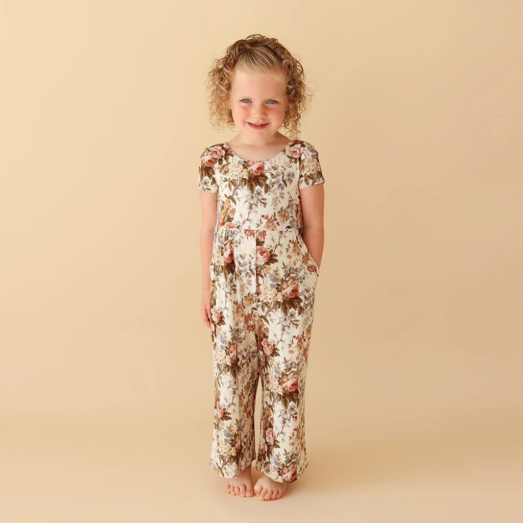 Floral White Short Sleeve Girls Wide Leg Jumpsuit | Dauphine | Posh Peanut