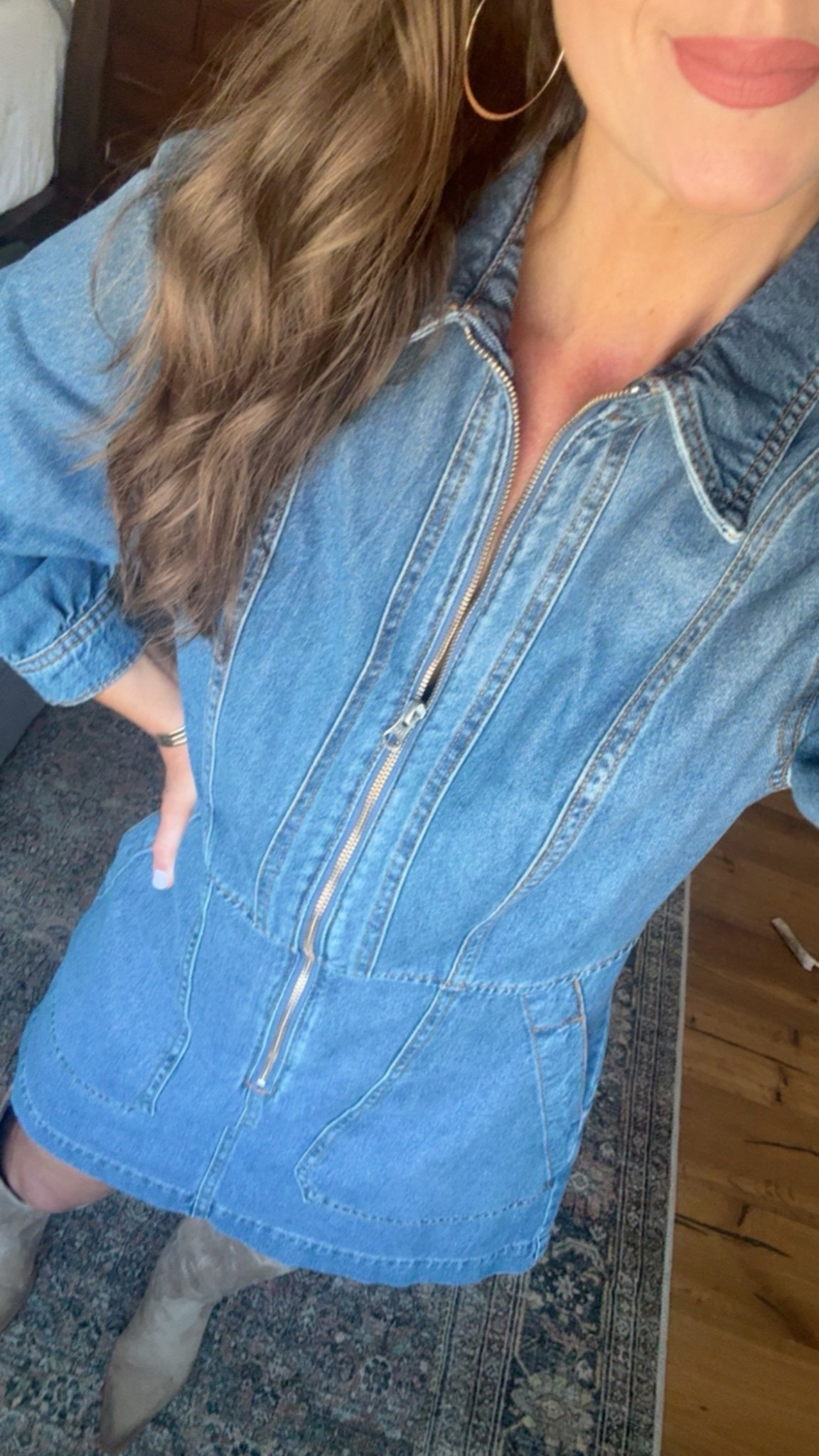 What I wore to church yesterday. Give me all the denim dresses. This one is super low in stock but I did link a few similar styles! High boots are true to size (I sized up half a size).