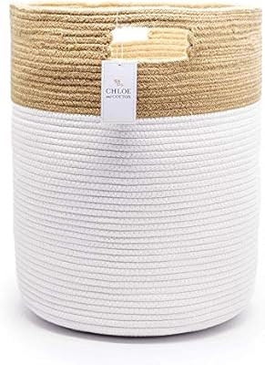 Chloe and Cotton Extra Large Tall Woven Rope Storage Basket 19 x 16 inch Jute White Handles | Dec... | Amazon (US)