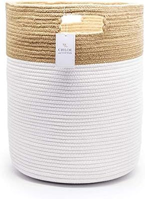 Chloe and Cotton Extra Large Tall Woven Rope Storage Basket 19 x 16 inch Jute White Handles | Dec... | Amazon (US)