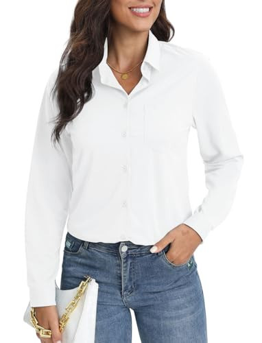 COUXILY White Button Up Shirt Women Long Sleeve Button Up Shirts for Women Button Down Shirt White Office Top (White, L) | Amazon (US)