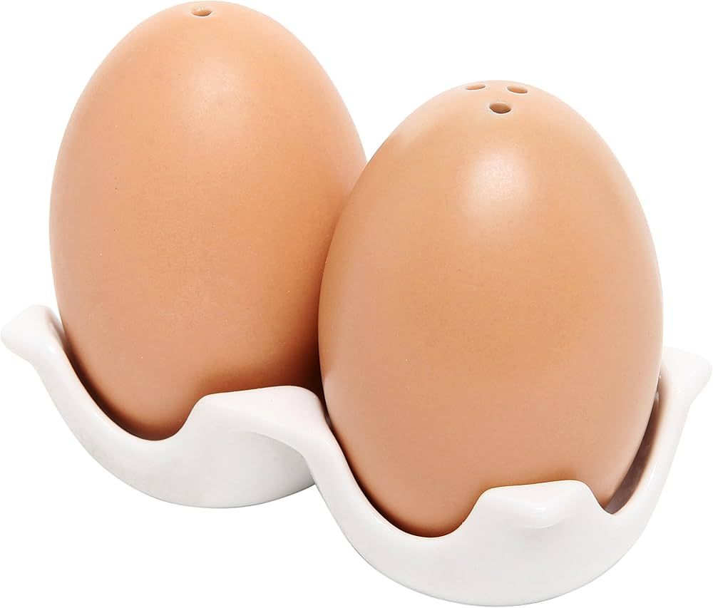 MyGift Ceramic Salt and Pepper Shaker Set, Mini Brown Egg Shaped Shakers with Carton Design Holdi... | Amazon (US)