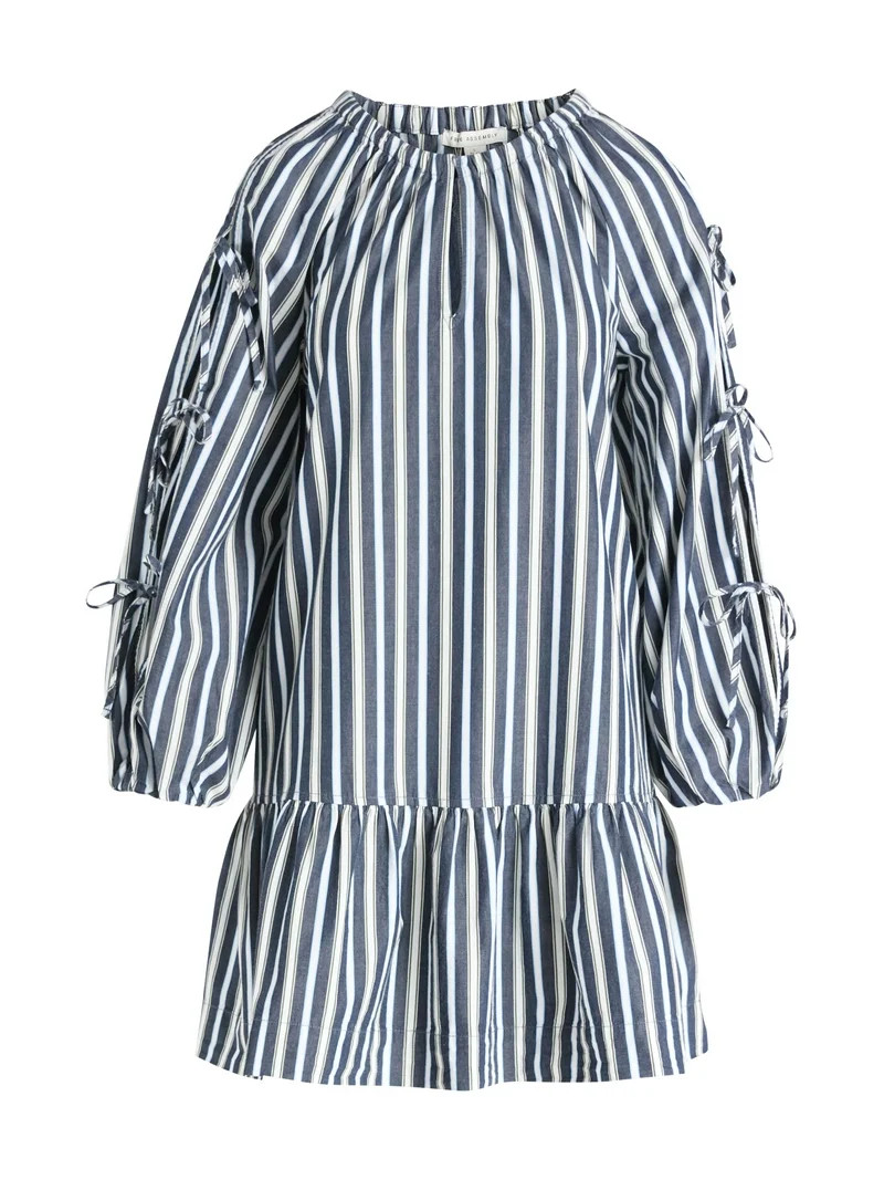 Free Assembly Women's Ruffle Hem Cotton Mini Dress with Long Tie Sleeves, Sizes XS-XXL | Walmart (US)