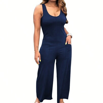 Women Summer Solid Color Sleeveless Jumpsuit With Double Pockets For Casual And Loose Fit | SHEIN
