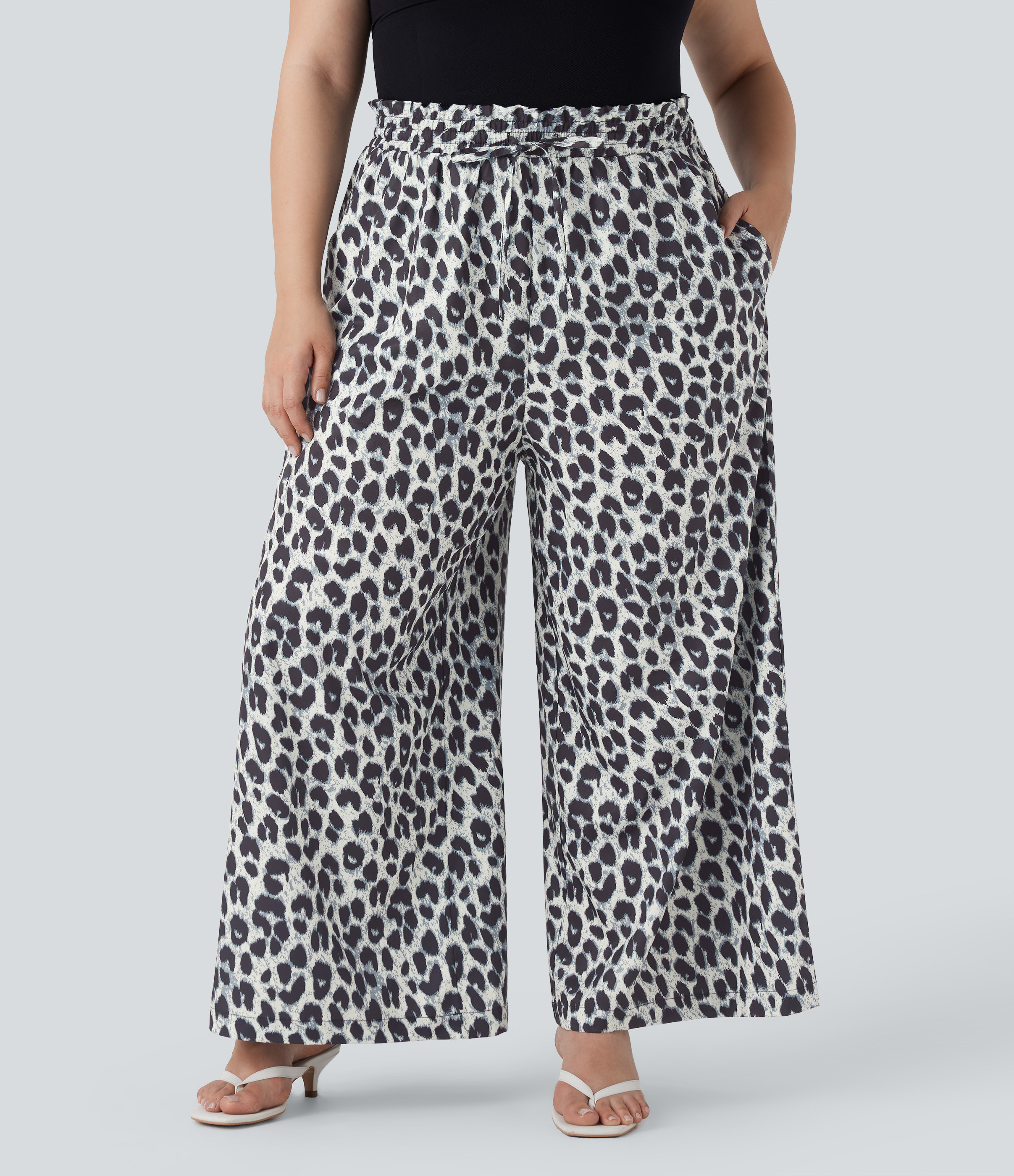 Halara Plus Size High Waisted Drawstring Leopard Print Wide Leg Casual Pants with Pockets - Silver Leopard Print - 2X(regular) sweatpants | HALARA