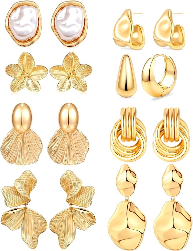 Nosiny 8 Pairs Chunky Gold Beach Earrings for Women Statement Starfish Seashell Flower Summer Ear... | Amazon (US)