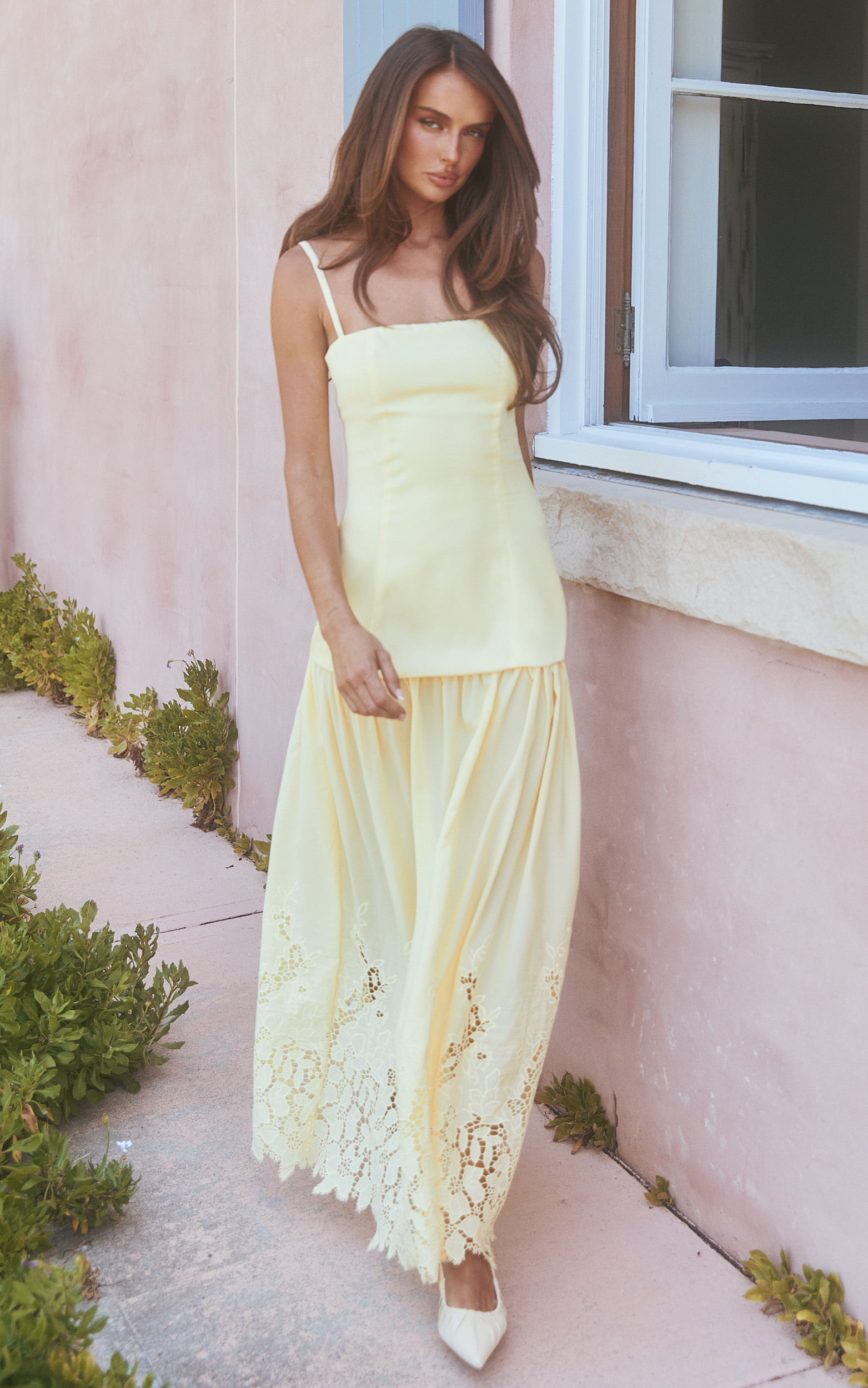Everly Maxi Dress - Straight Neck Broderie Cut Out Hem Dress in Lemon | Showpo (ANZ)