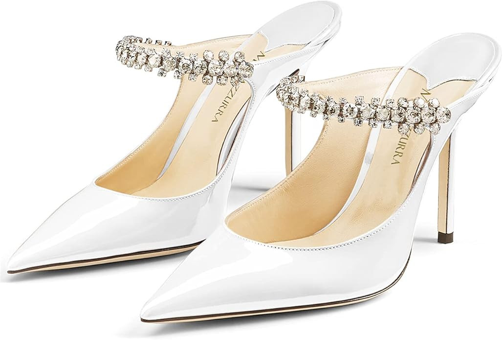 MIRAAZZURRA Women Heeled Mules Rhinestone Strappy Pointed Toe Mules Stiletto High Heels Slip On B... | Amazon (US)