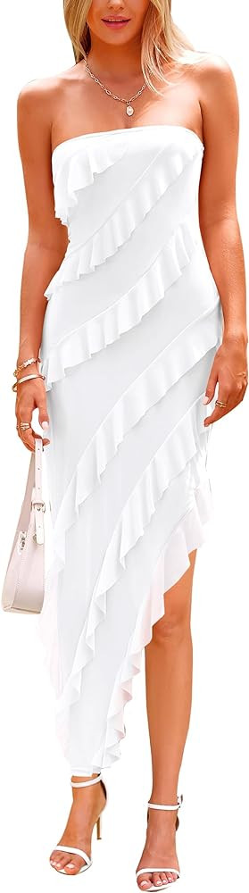 PRETTYGARDEN Women's Summer Long Formal Cocktail Dress Strapless Tube Asymmetrical Ruffle Maxi Bo... | Amazon (US)