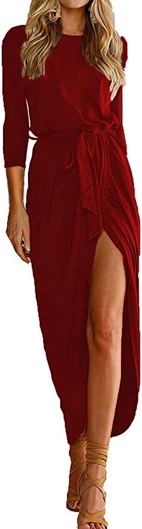 Qearal Women Short/3/4 Sleeve Belted Dress Elastic Waist Slit Long Maxi Dress | Amazon (US)