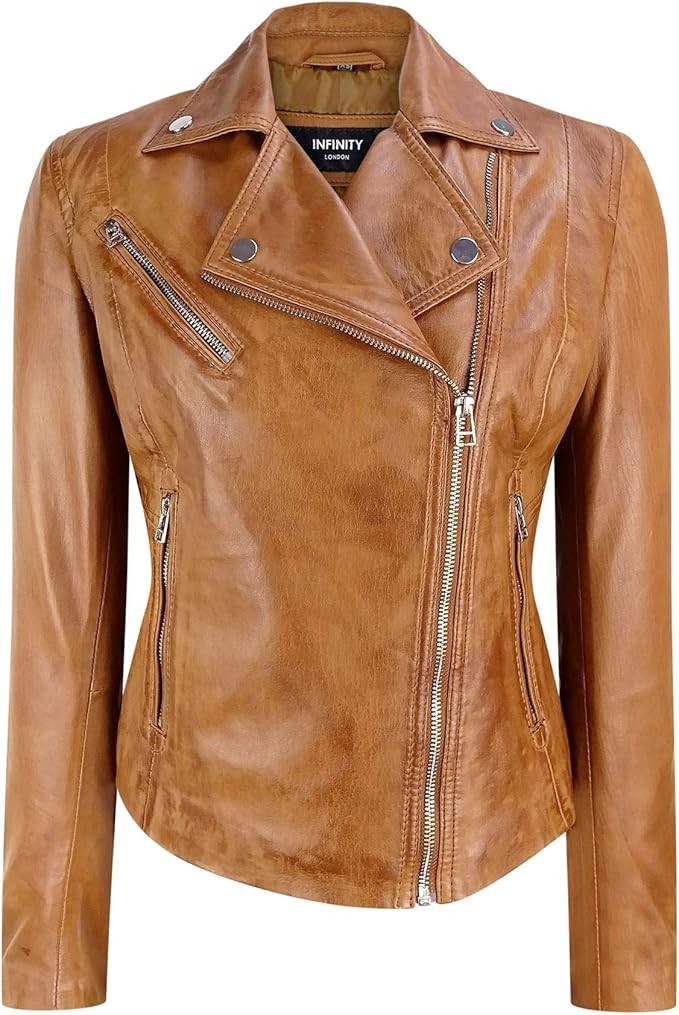 Infinity Ladies Retro BRANDO Tan Biker Retro Casual Soft Nappa Leather Jacket | Amazon (US)