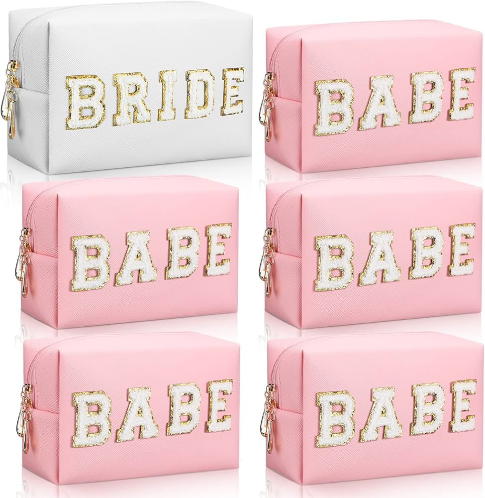 Pinkunn 6 Pcs Bachelorette Makeup Bag Bride Preppy Patch Makeup Bag Babe Chenille Letter Skincare... | Amazon (US)
