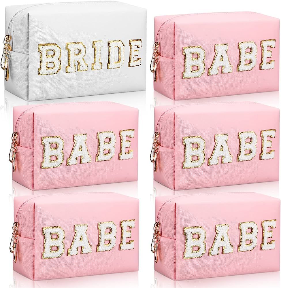 Pinkunn 6 Pcs Bachelorette Makeup Bag Bride Preppy Patch Makeup Bag Babe Chenille Letter Skincare... | Amazon (US)