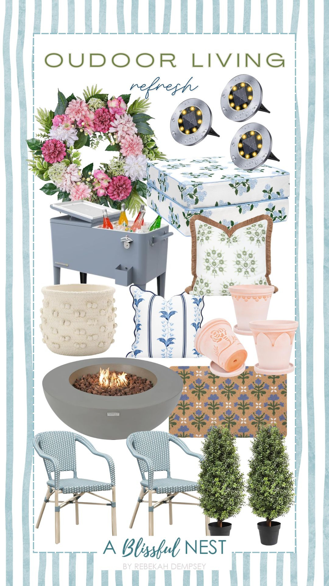 A fresh modern take on outdoor living with these picks. Tap to shop.

spring wreath, printed coir doormat, classic outdoor patio cooler, coastal throw pillow, green embroidered floral pillow, terra cotta pots, baby blue hydrangea flower seat cushion, textured dotted basket planter, artificial topiary boxwood tree, outdoor gas firepit table, solar ground lights, bistro chair. 

 #LTKHome
