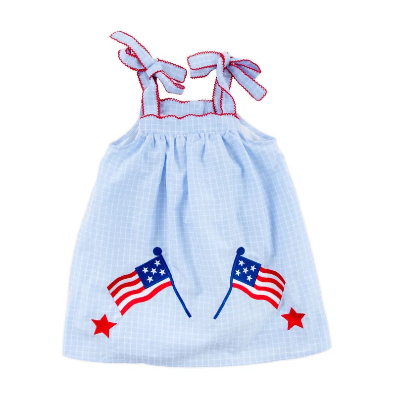Embroidered Flag And Stars Light Blue Windowpane Bow Tie Strap Dress | Classic Whimsy