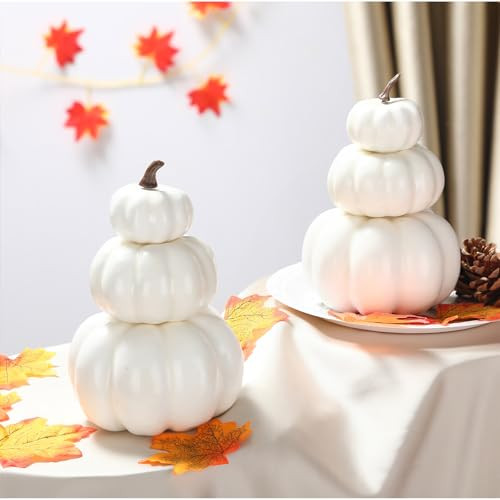 Wonderjune 2 Pcs Fall White Crafts Stacked Pumpkin Decoration Foam Fake Artificial Stackable Pumpkins DIY Table Centerpiece for Halloween Thanksgiving Indoor Outdoor Home Kitchen Party Decor | Amazon (US)