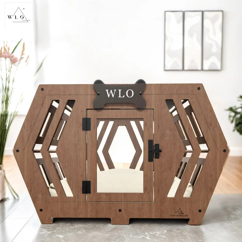WLO® Walnut Hexxon Modern Dog Crate, Premium Wooden Dog Crate With Free Customization, Multiple ... | Etsy (US)