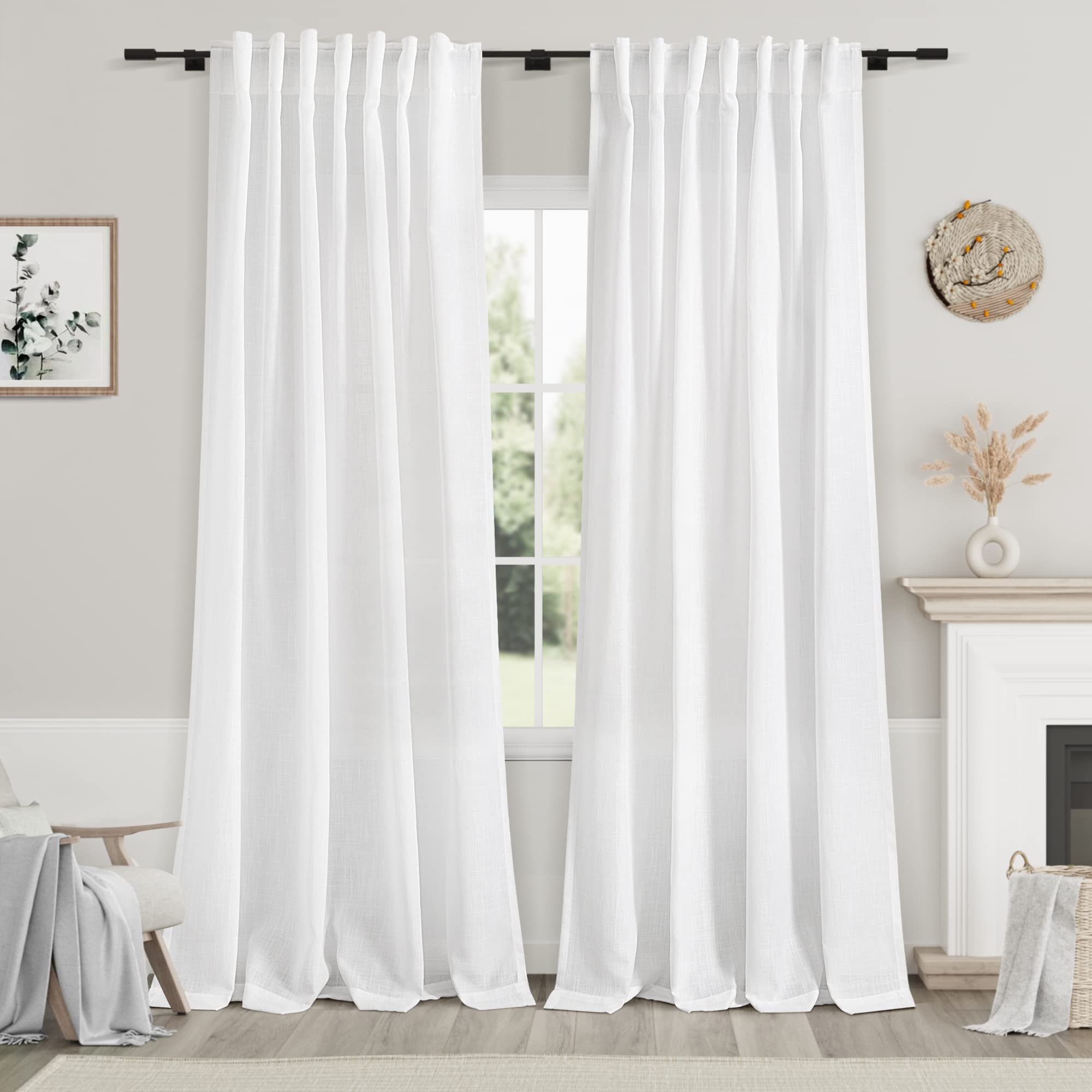 White Linen Curtains 84 inches Long for Bedroom Back Tab Light Filtering Privacy Sheer White Curt... | Amazon (US)