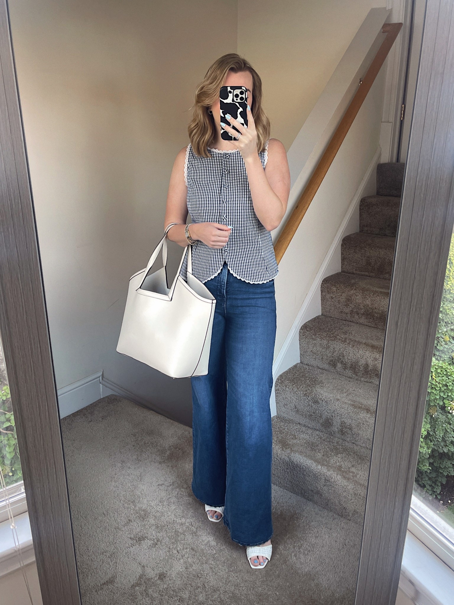 Business casual, flared jeans, gingham top, summer outfit 

#LTKStyleTip #LTKWorkwear #LTKFindsUnder100