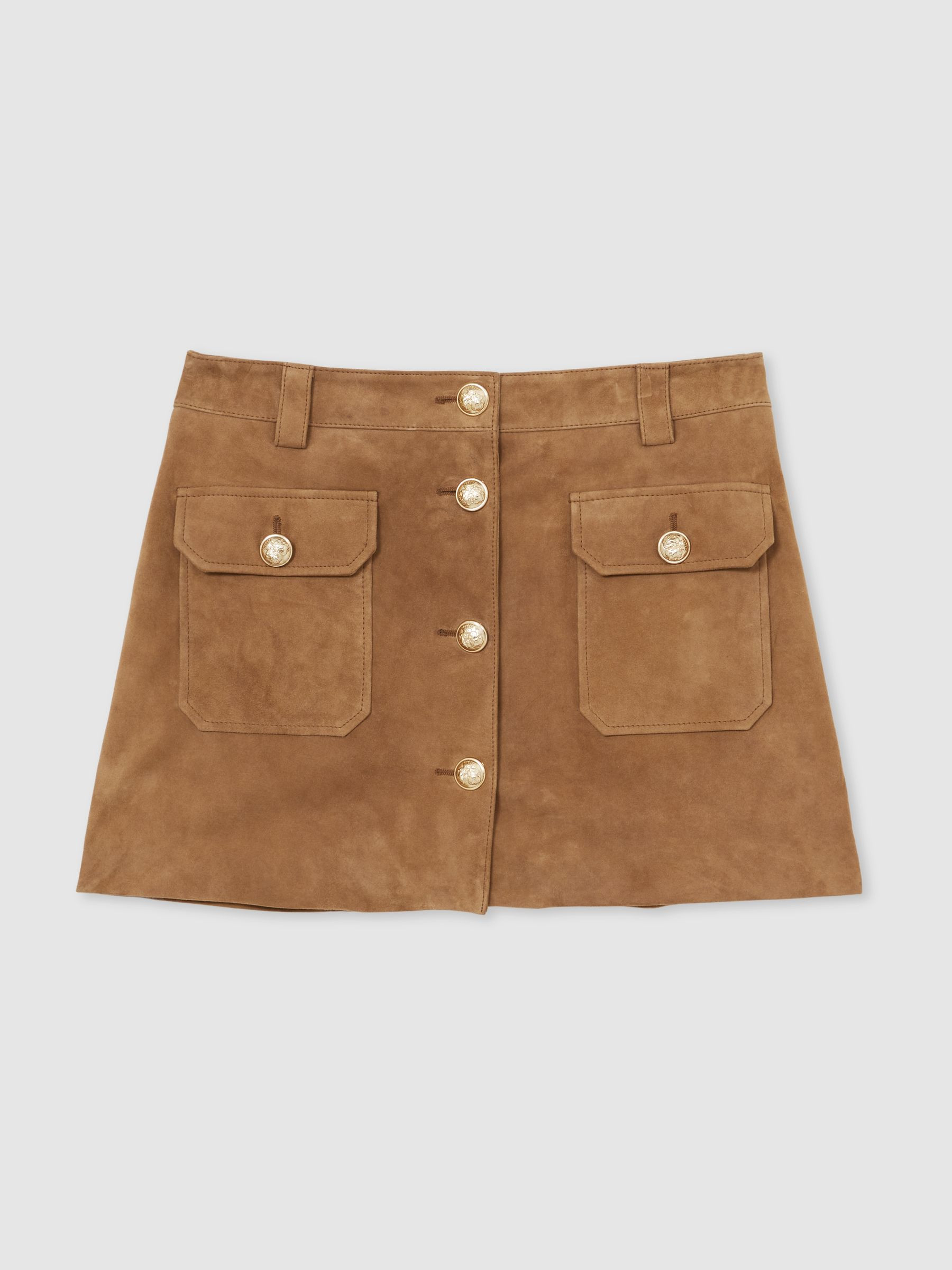 Reiss Suede Button-Through Mini Skirt in Tan - REISS | Reiss UK