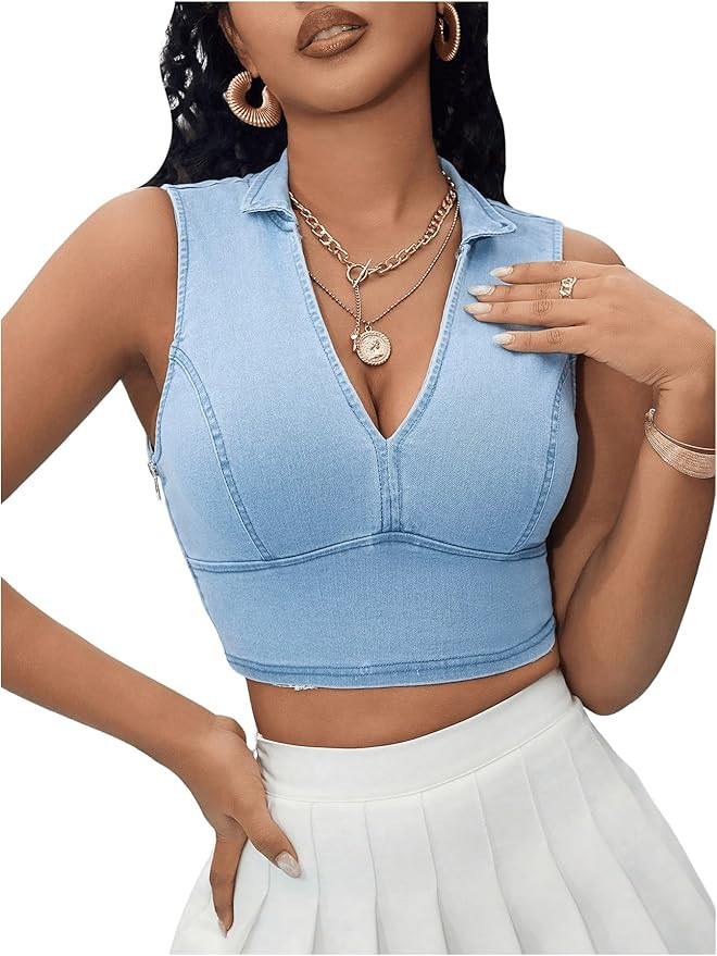 Floerns Women's Slim Fit Sleeveless Collared V Neck Cropped Denim Jean Tank Tops | Amazon (US)