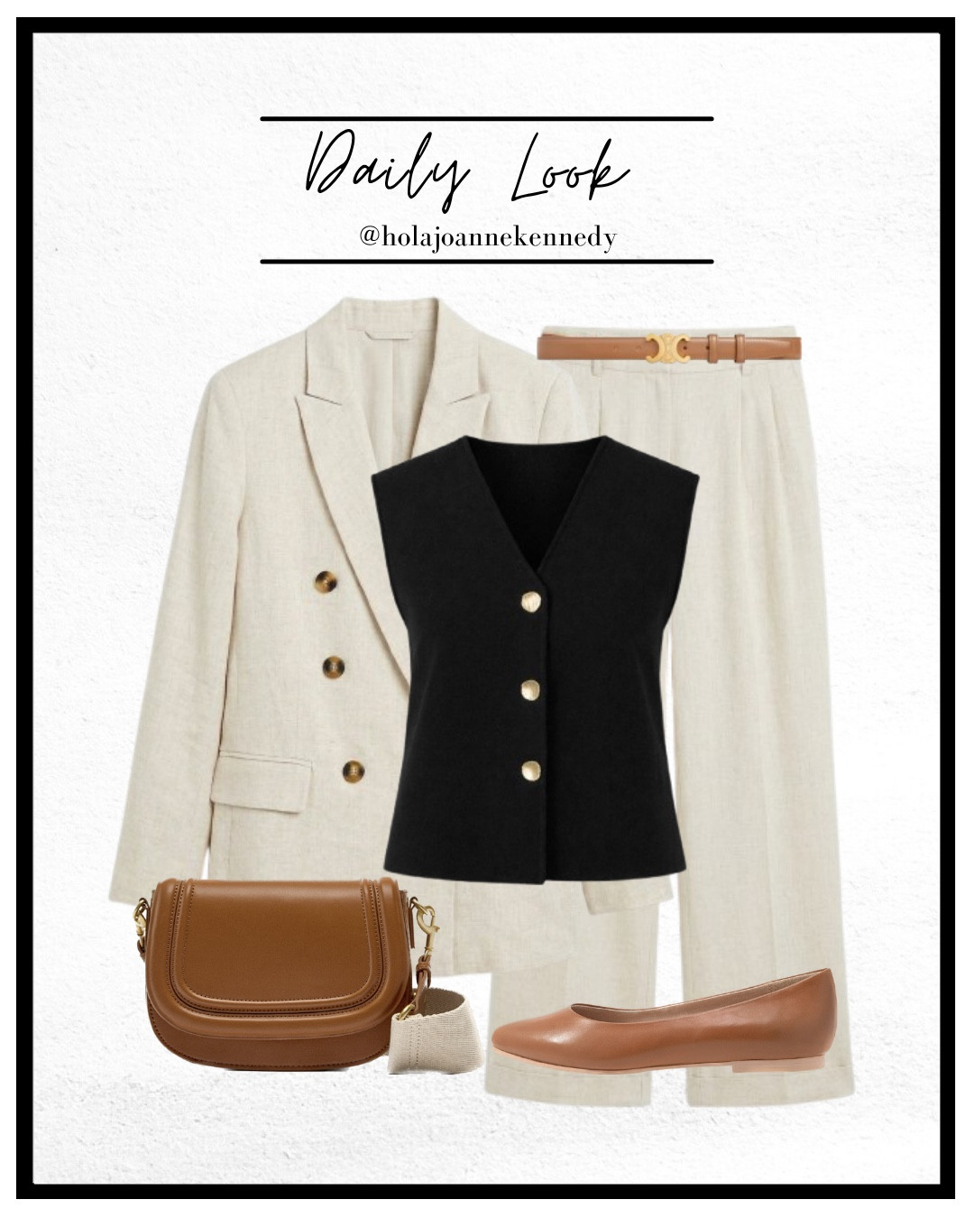 Saint + Sofia Maeva Knit Waistcoat, black waistcoat outfit, knit vest women, cream linen trousers outfit, linen blazer outfit, neutral outfit ideas, tan accessories outfit, chic everyday style, smart casual outfit, capsule wardrobe staples 

#LTKuk #LTKspring #LTKstyletip