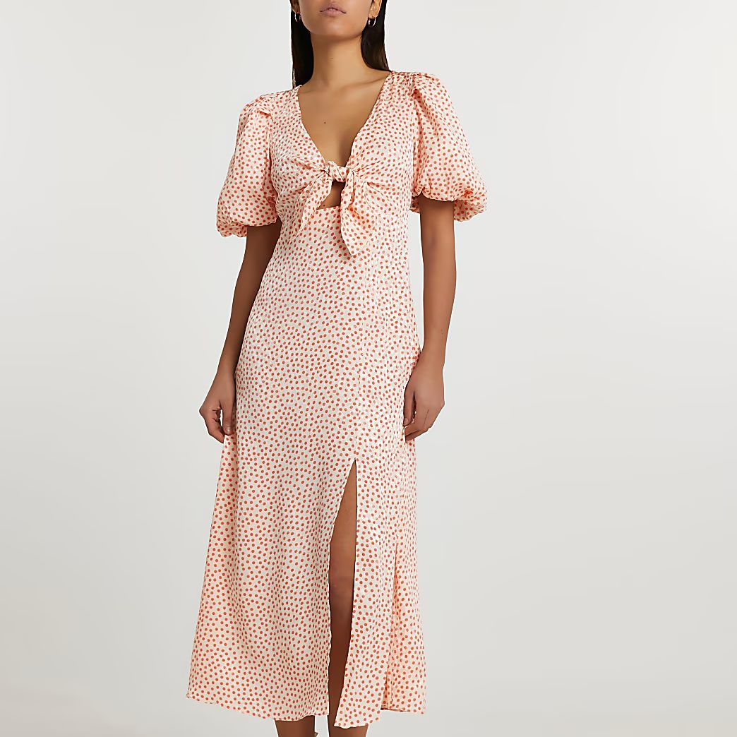 Cream short sleeve spot tie front midi dress | River Island (UK & IE)