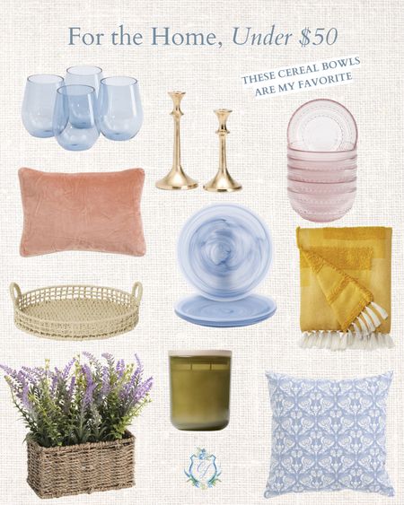 For the Home, Under $50. A few of my favorite affordable home finds, including home decor, plates and bowls, and a faux lavender plant. 💜 Leaning into a colorful home, lately. 

Colorful Home / Affordable Home Decor / Peach Pillow / Blue and White Home / Preppy Home Decor / Preppy Apartment / Coastal Decor / Coastal Home / Blue Bowls / Blue Wine Glasses / Yellow Blanket / Wicker Home 

#LTKhome