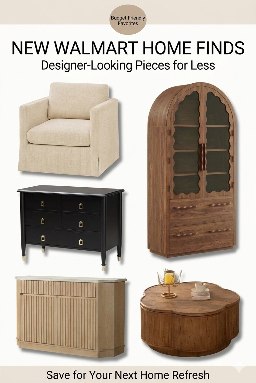 walmart home, neutral home decor, affordable furniture, boucle accent chair, fluted sideboard, arched cabinet, designer look for less, modern organic living room, black dresser, aesthetic home finds

#LTKHome
