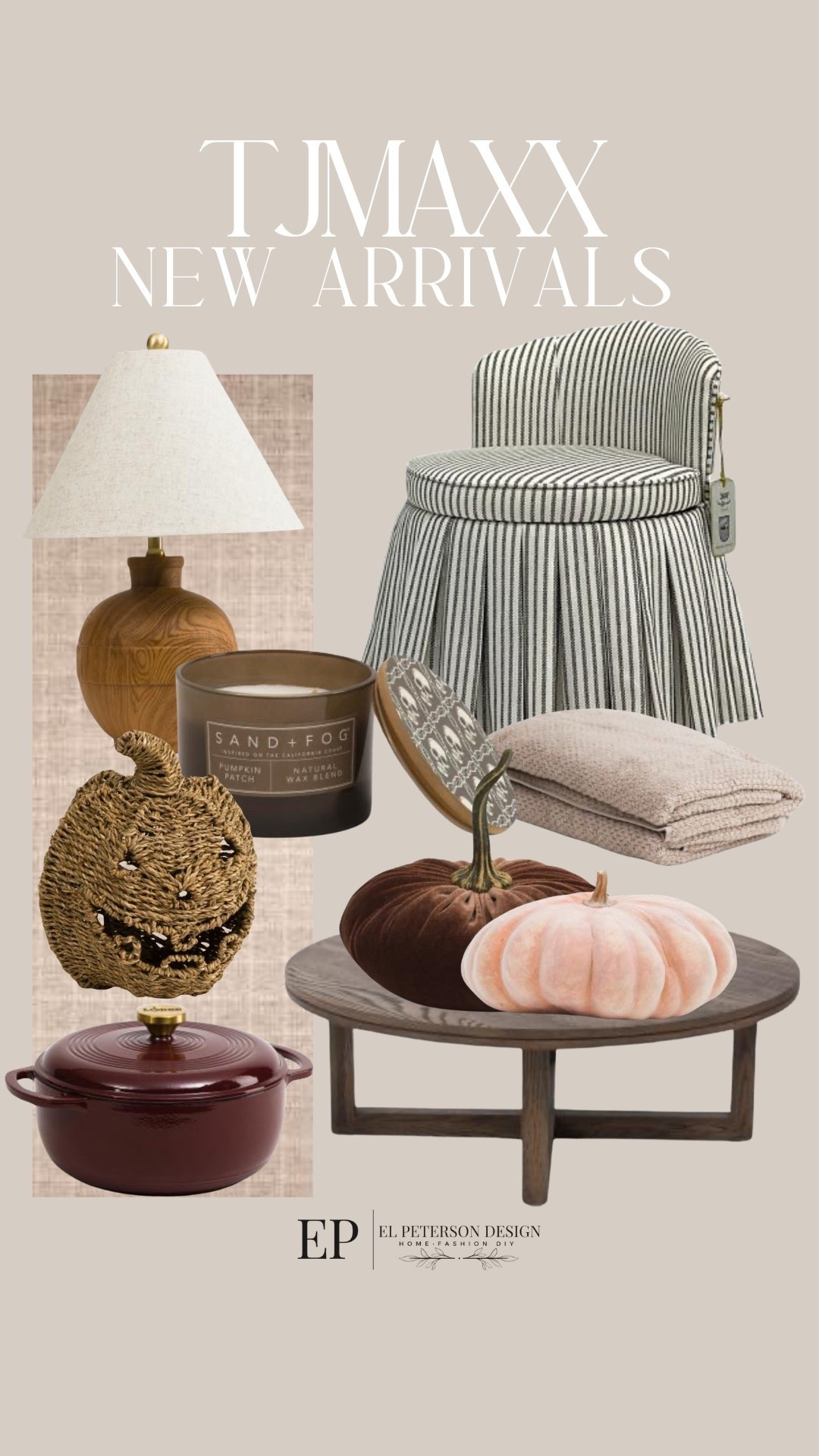 Tj Maxx
New arrivals
Dining chair
Coffee table
Pumpkins
Dutch oven
Tanks lamp
Runner 
Candle

#LTKHome