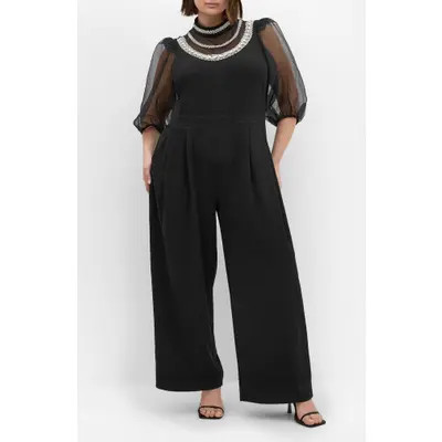 City Chic Phoenix Embellished Sheer Panel Jumpsuit in Black at Nordstrom | Nordstrom