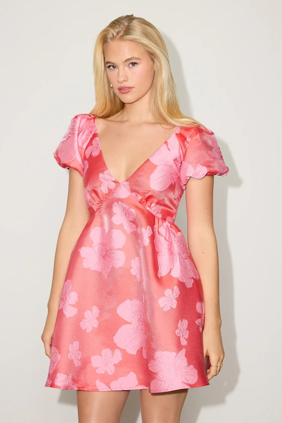 Begonia Red Floral Jacquard Puff Sleeve Babydoll Mini Dress | Lulus