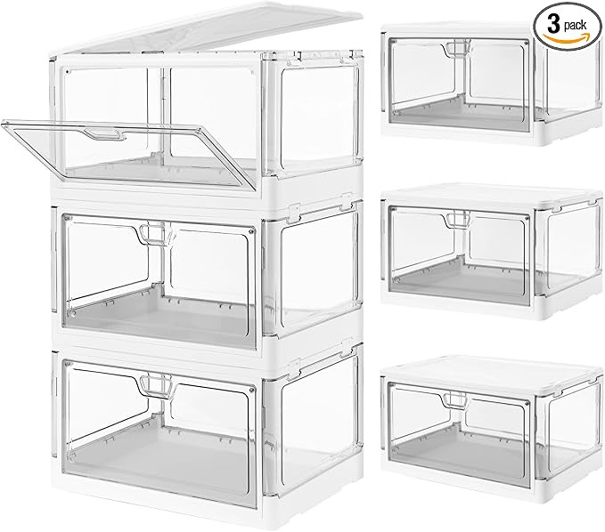 3-Pack Clear Stackable Storage Bins with Lids Magnetic Doors Open Front Foldable Folding Plastic ... | Amazon (US)