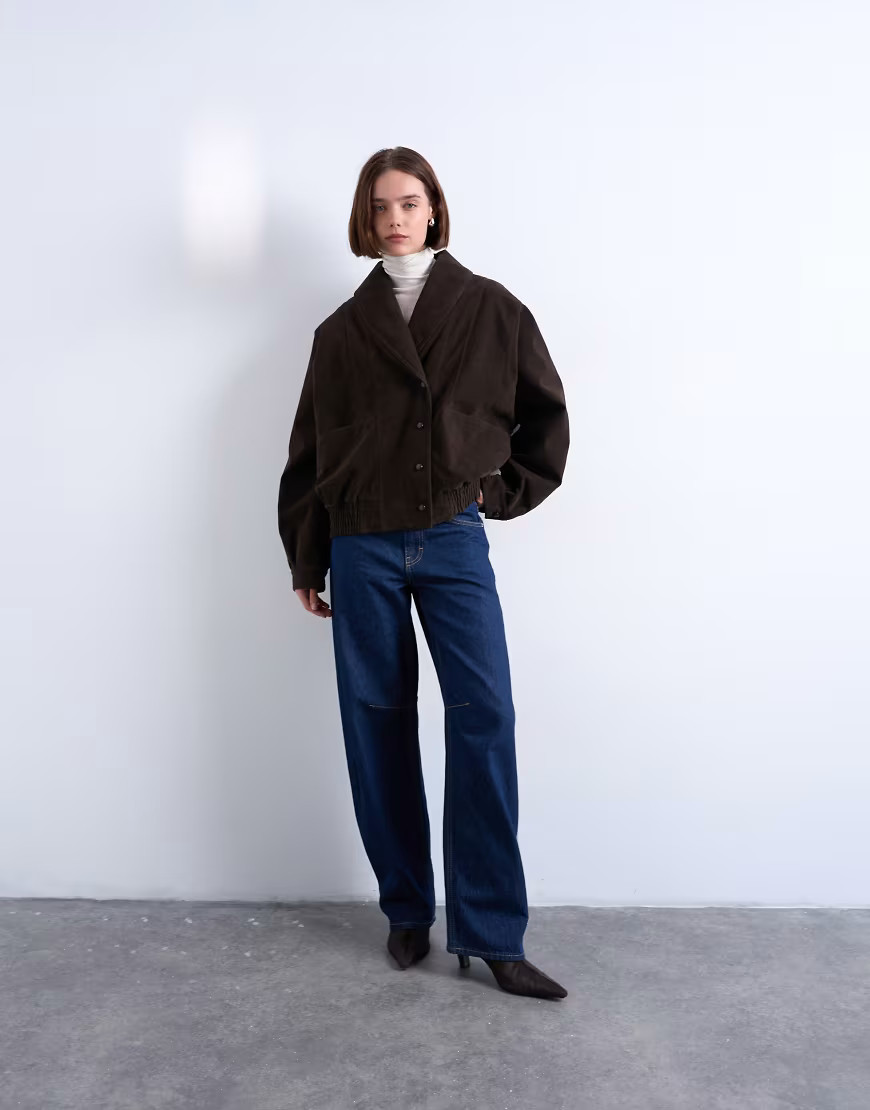 Topshop faux suede shawl bomber jacket in chocolate-Brown | ASOS (Global)