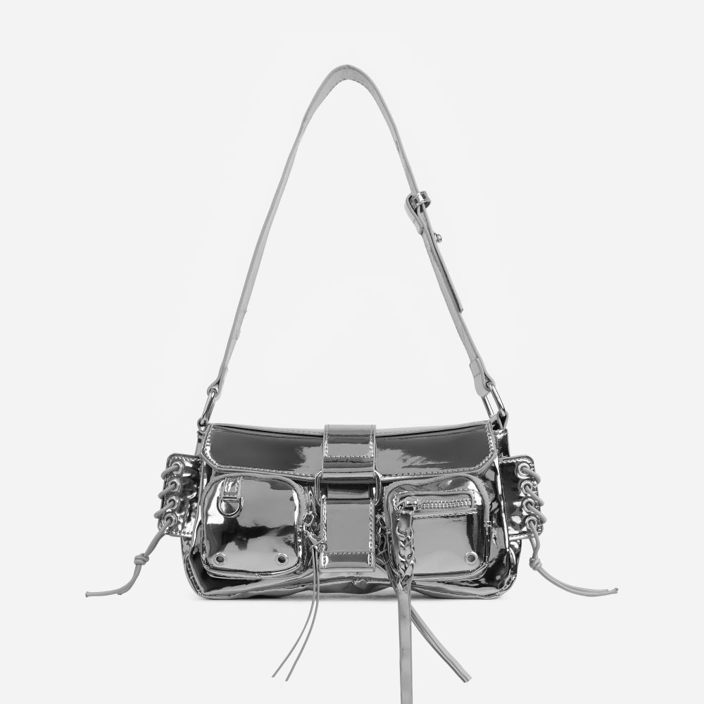 Lake Multi Pocket Zip Detail Shoulder Bag In Silver Patent | Ego Shoes (UK)