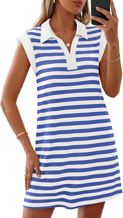 MEROKEETY Women's Summer Casual V Neck Collared Loose T Shirt Mini Dress | Amazon (US)