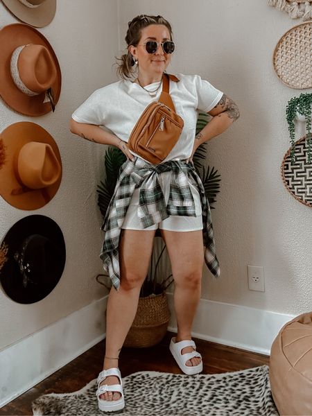 Casual comfy running errands outfit idea!  White beige two piece summer waffle knit lounge set (med) paired with green flannel (oversized) brown belt bag and white platform sandals. Granola chill summer outfit idea. Lake day outfit idea. 

#LTKSeasonal #LTKFind #LTKstyletip