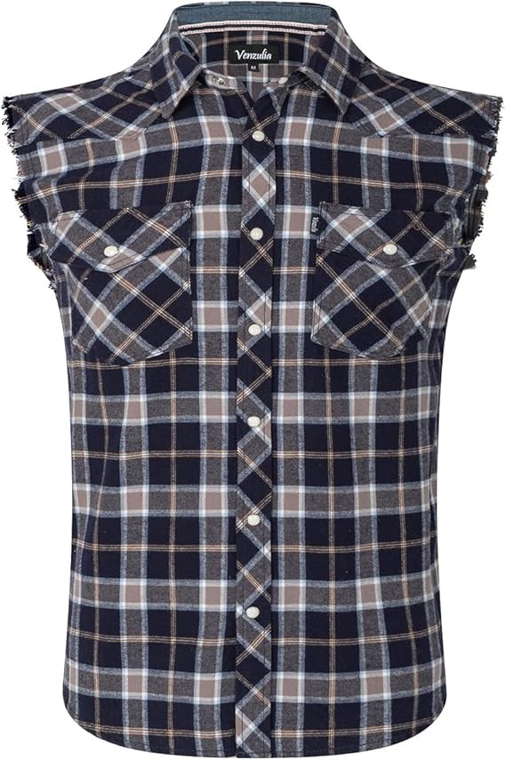 Mens Casual Flannel Plaid snap Shirt Sleeveless with Pocket | Amazon (US)