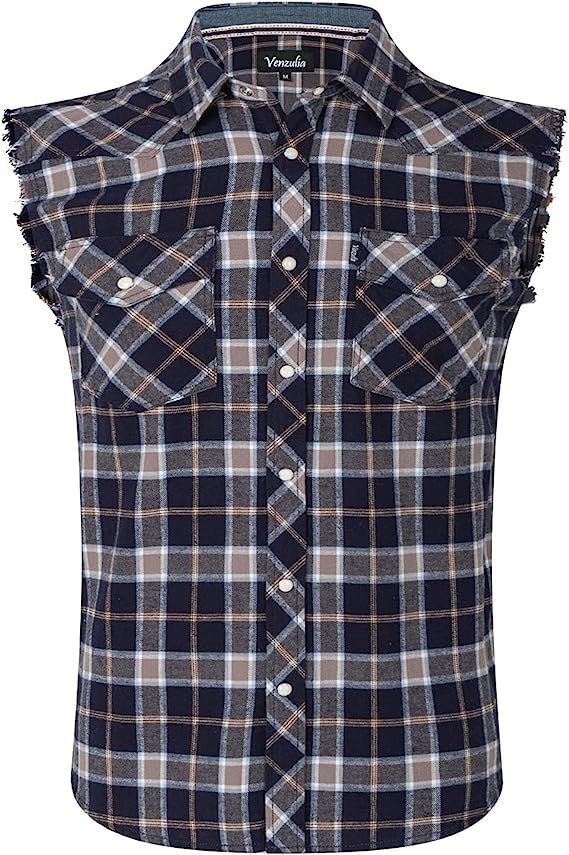 Mens Casual Flannel Plaid snap Shirt Sleeveless with Pocket | Amazon (US)