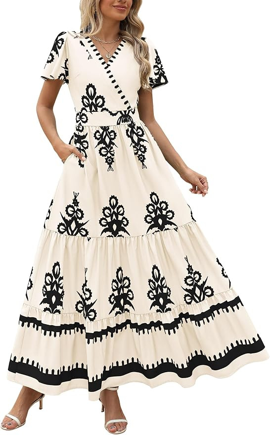 PRETTYGARDEN Womens 2025 Summer Casual V Neck Boho Maxi Dress Flowy Aline Bell Sleeve Tiered Flor... | Amazon (US)