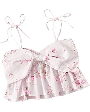 Women's Floral Print Spaghetti Strap Shirred Crop Cami Top Sleeveless Ruffle Hem Tie Shoulder Tan... | Amazon (US)