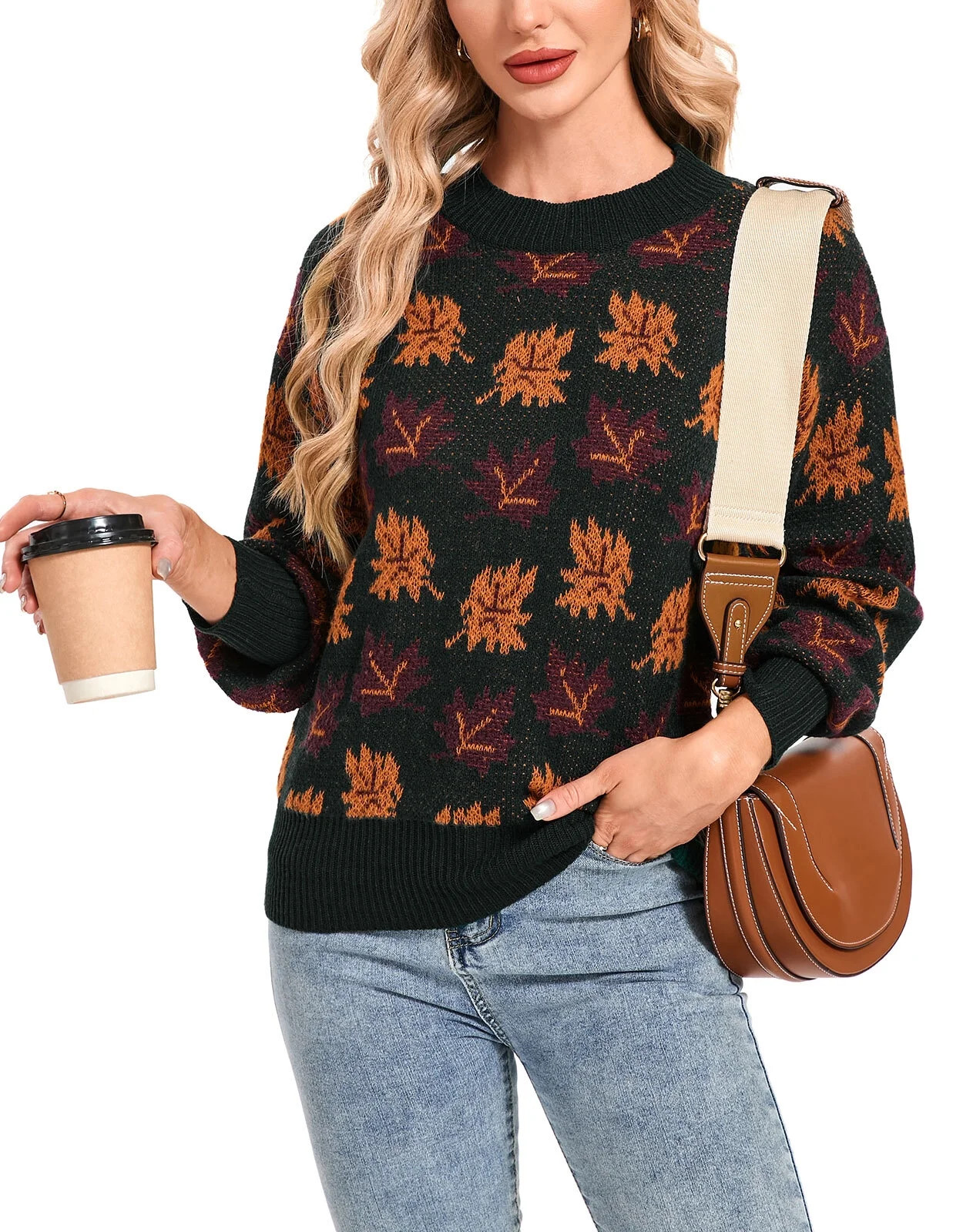 Sweaters for Women Crewneck Maple Leaves Printed Halloween Sweater Ribbed Lantern Sleeve Casual K... | Walmart (US)