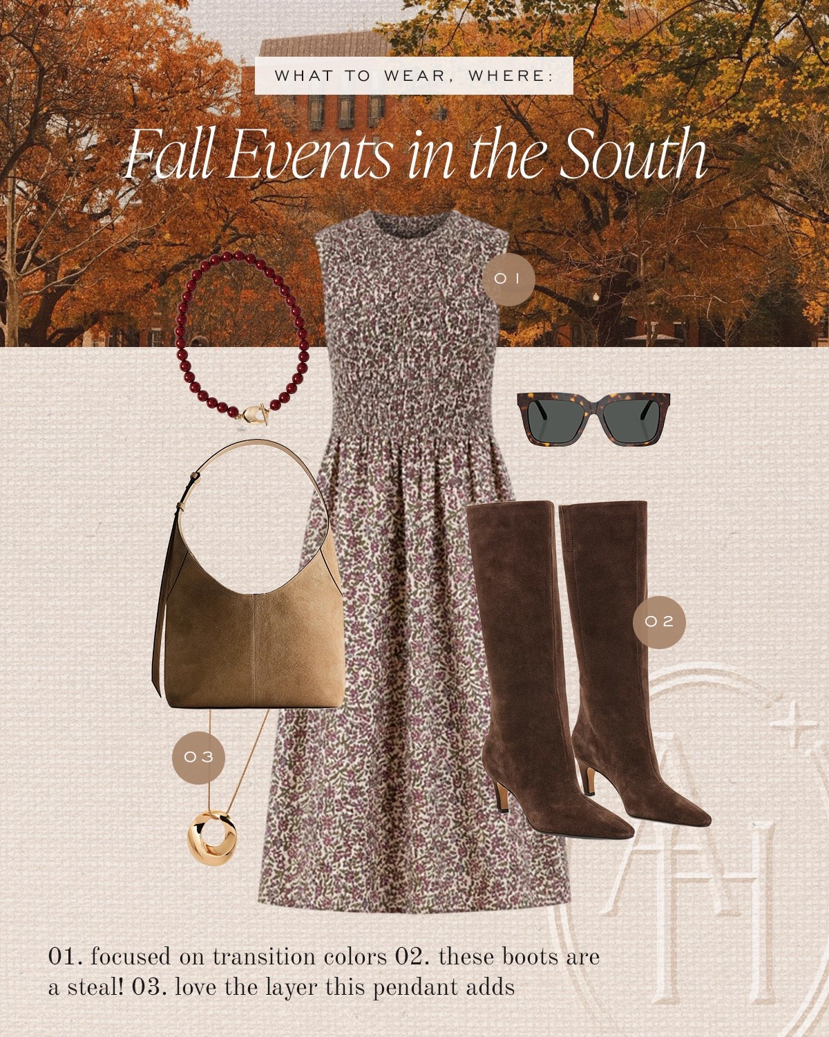 Fall event look with a smocked dress, suede boots, layered necklaces and a shoulder bag.

#LTKootd