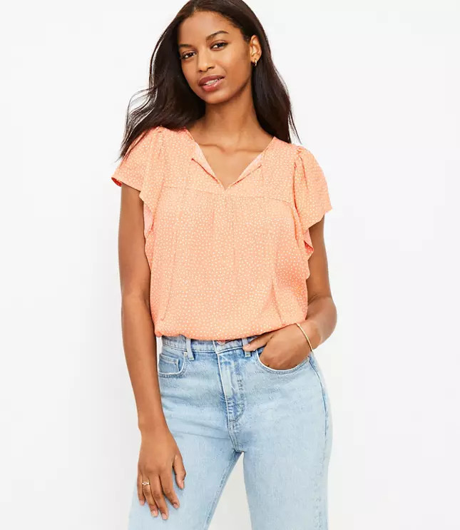 Dotted Flutter Tie Neck Top | LOFT | LOFT